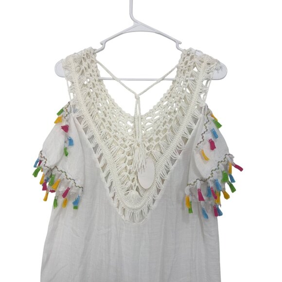 Ten Design White Crochet Tassel Coverup Dress SZ S Colorful Fringe Semi Sheer - Picture 9 of 12